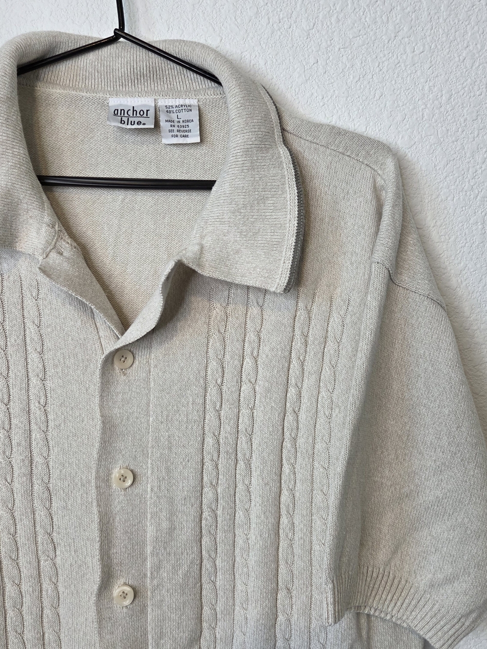 Vintage Anchor Blue Beige Cable Knit Button-Up Polo Sweater, Mens Size Large